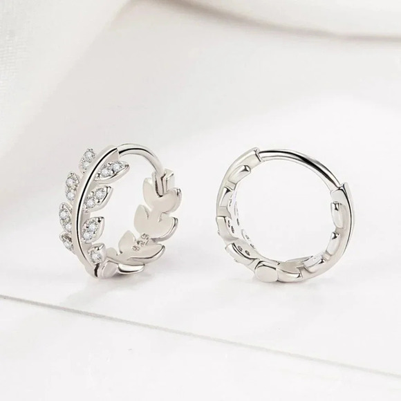 925 Sterling Silver Diamond Leaf Huggie Earrings Small Silver Hoop Earrings - Picture 2 of 3